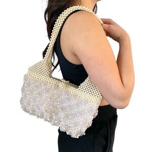 Faux Pearl Flower Floral Beaded Shoulder Bag White and Blue Purse Handbag